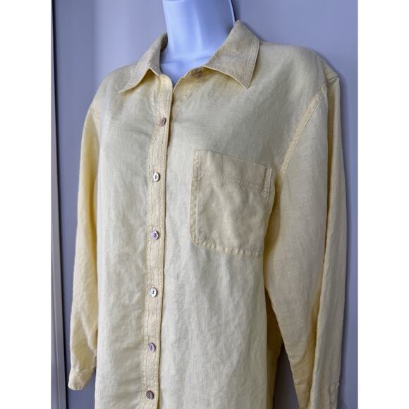Sigrid Olsen Womens 100% Linen Button Up Shirt L Yellow Lagenlook Collared Tunic - Picture 2 of 16